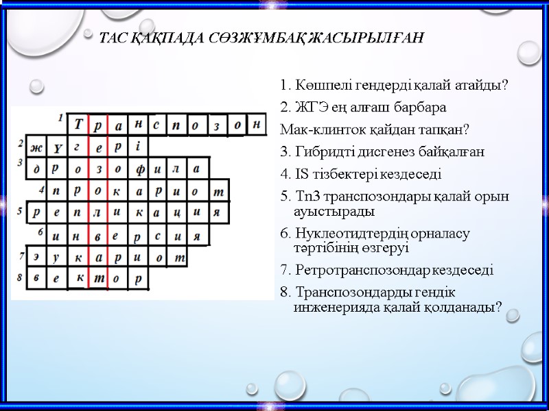 Тас қақпада сөзжұмбақ жасырылған 1. Көшпелі гендерді қалай атайды? 2. ЖГЭ ең алғаш барбара